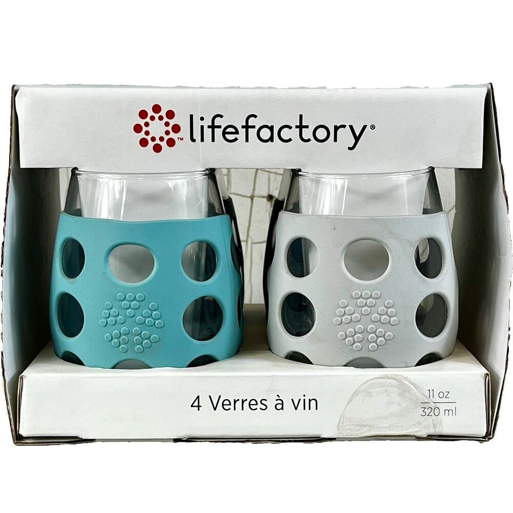LifeFactory Set of 4 Wine Glasses w/ Silicone Sleeves 11 oz - Multi Colored NWT